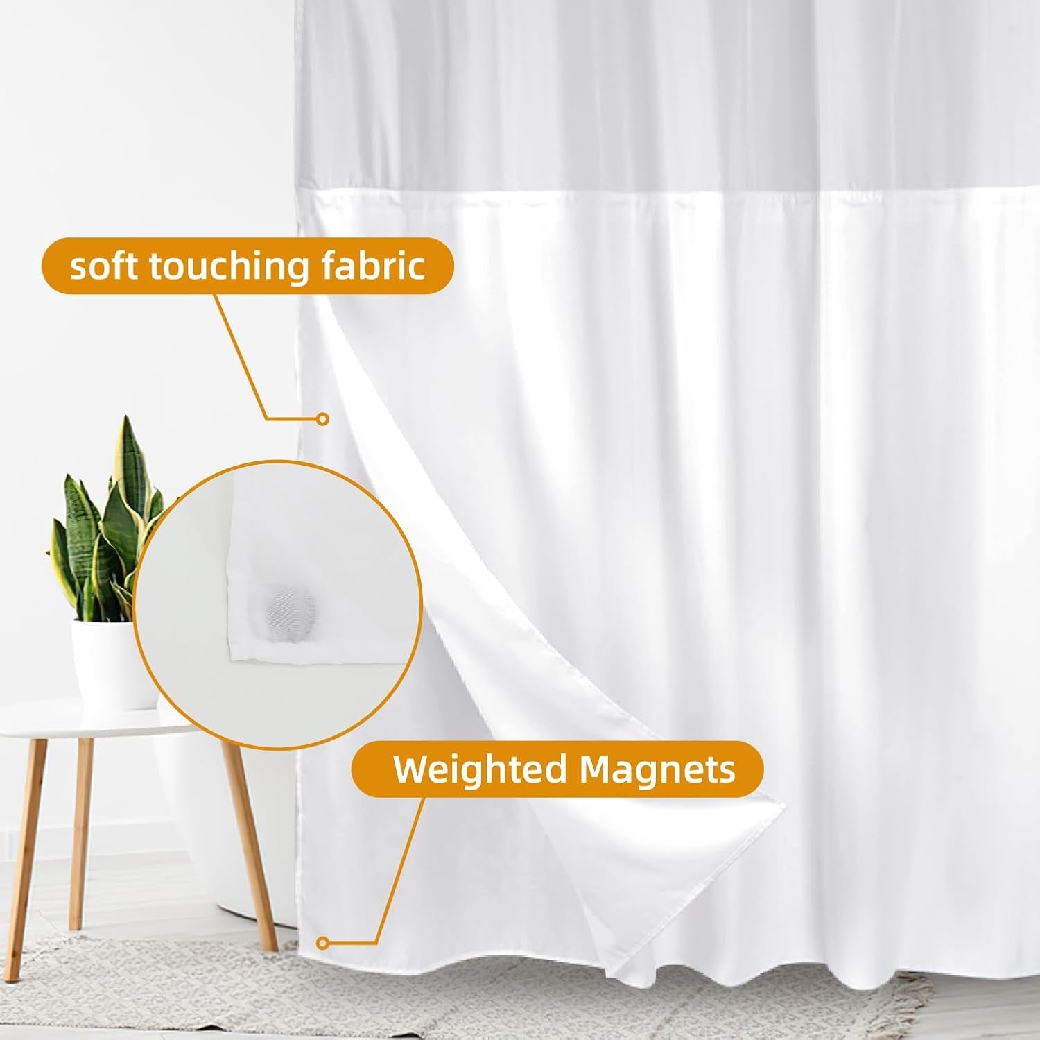 1 Pack Fabric Snap-In Shower Curtain Liner Replacement,Compatible with No Hook Shower Curtain with Snap in Liner, Removable & Water-Repellent,Machine Washable,70X54,White