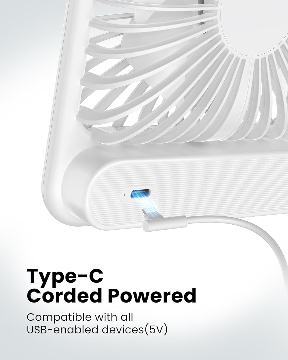 USB Desk Fan, Strong Wind Ultra Quiet Small Personal Fan with 180° Tilt Folding and 3 Speeds Adjustable, USB-C Corded Powered Mini USB Fan for Office Desktop Bedroom White, NO BATTERY