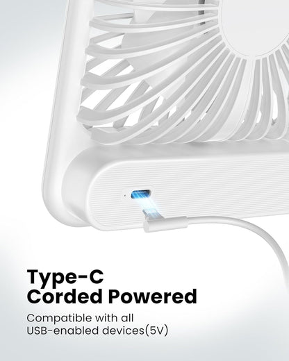 USB Desk Fan, Strong Wind Ultra Quiet Small Personal Fan with 180° Tilt Folding and 3 Speeds Adjustable, USB-C Corded Powered Mini USB Fan for Office Desktop Bedroom White, NO BATTERY