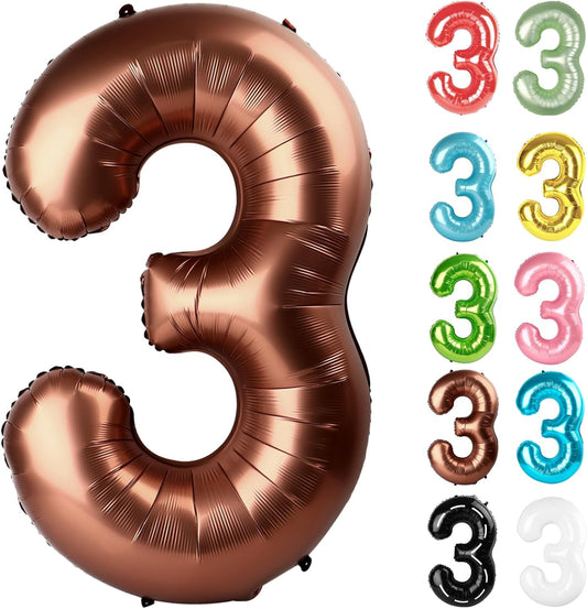 Coffee Brown Number 3 Balloon 40 Inch, 3 Balloon Number, 3Rd Birthday Decorations, Coffee Brown Party Supplies for Boys Girls