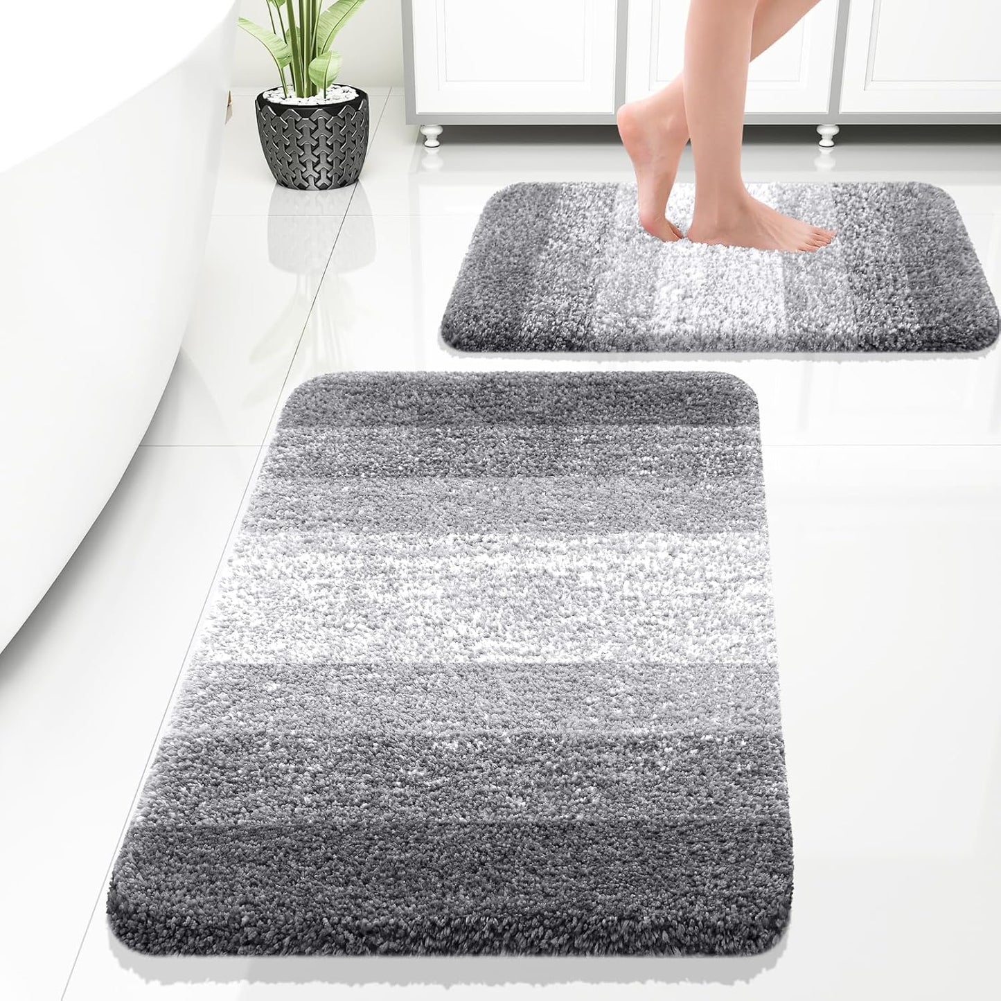 Bathroom Rug Set 2 Piece, Soft Absorbent Microfiber Bath Rug Set, Non-Slip, Machine Wash Dry, Plush Shaggy Bath Mats for Bathroom (30"X20"+24"X16", Grey)