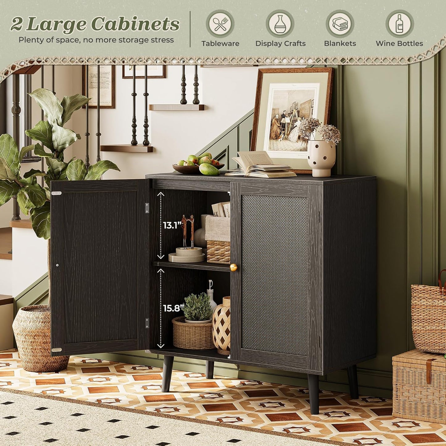 Elegant Buffet Cabinet with Storage, Featuring PE Rattan Decor Doors and Solid Wood Feet, Ideal for Hallway, Entryway, and Living Room, All Black Finish