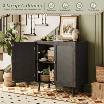Elegant Buffet Cabinet with Storage, Featuring PE Rattan Decor Doors and Solid Wood Feet, Ideal for Hallway, Entryway, and Living Room, All Black Finish