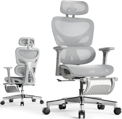 Ergonomic Mesh Office Chair with Footrest and Lumbar Support, Adjustable Gaming Chair with Multi-Tilt Backrest, Headrest, and 3D Armrests, Sturdy Steel Base, Grey