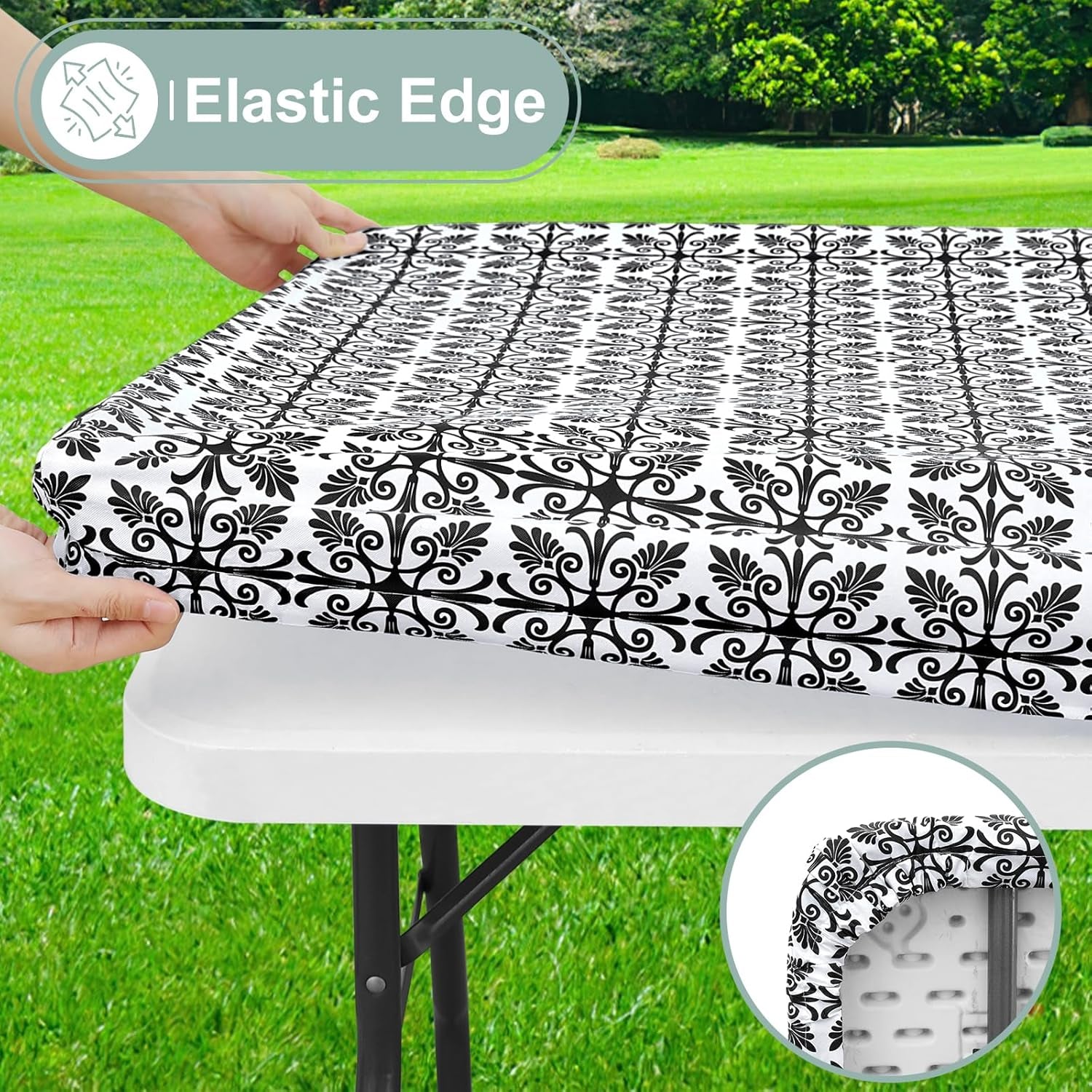 Rectangle Vinyl Table Cloth, Elastic Fitted Flannel Backed Tablecloth, 100% Waterproof Plastic Table Cover Fits 6 Foot Folding Tables for Picnic, Camping, Outdoor (Black, 30" X 72")