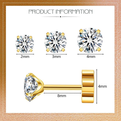 3Mm Gold CZ Tiny Stud Cartilage Flatback Earrings, Plated Flat Back Cubic Zirconia Earrings for Helix Cartilage Tragus Earlobe Piercing Jewelry Gift for Women Men (Golden, 3Mm)