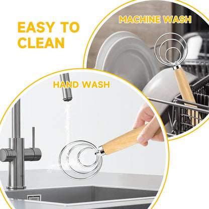 Dough Whisk, 13-Inch Wooden Danish Dough Whisk Sour Dough Tools with Stainless Steel Dough Hook Bread Whisk for Sourdough, Pizza, Pastry, Cake Batter Etc.