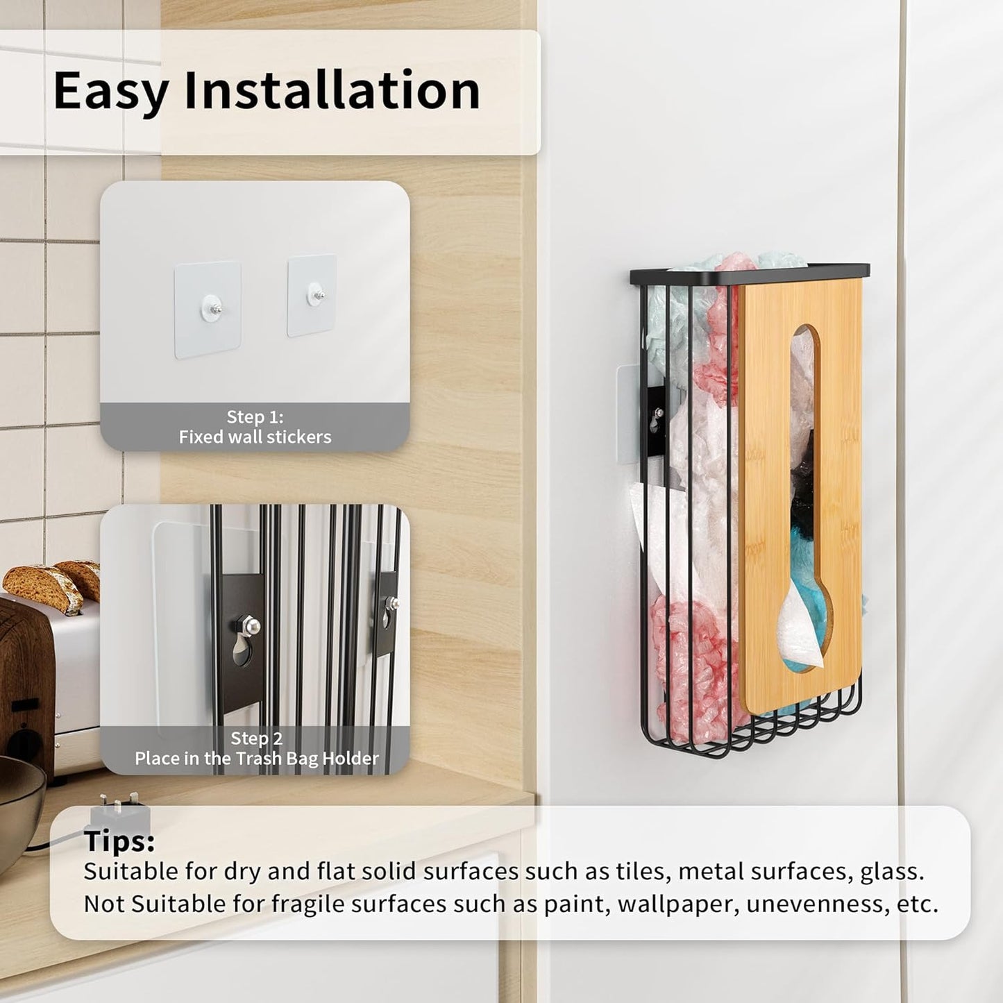 Plastic Grocery Bag Holder - Extra Large Trash Bag Dispenser Wall Mount with Mounting Accessories - Matte Black Reusable Bags Storage Organizer for Kitchen, under Sink, Pantry, Garage