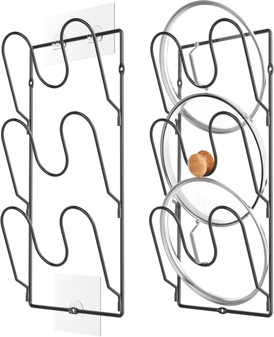 2 Pack Pot Lid Organizer Rack for Cabinet Door/Wall, 6-Tier Pot Lid Holders inside Cabinet Door, No Drilling Adhesive Wall/Door Mounted Rustproof Pots and Pans Lid Organizers for Kitchen Storage Black