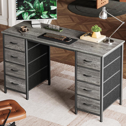 47-Inch Computer Desk with 8 Fabric Drawers - Versatile Office and Gaming Desk for Home Office and Study with Ample Storage in Grey