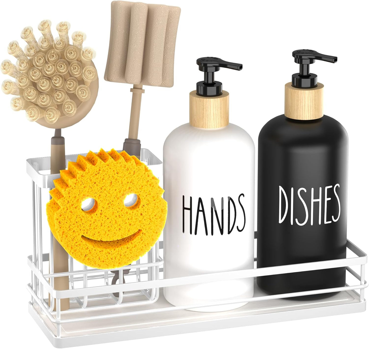 Kitchen Dish Soap Dispenser Set, 16OZ Glass Bottle, Hand and Dish Soap Dispenser Set, Instant Dry Tray, Non-Slip Silicone Pad, Brush Holder with Smiley Face Sponge Holder, Kitchen Decor