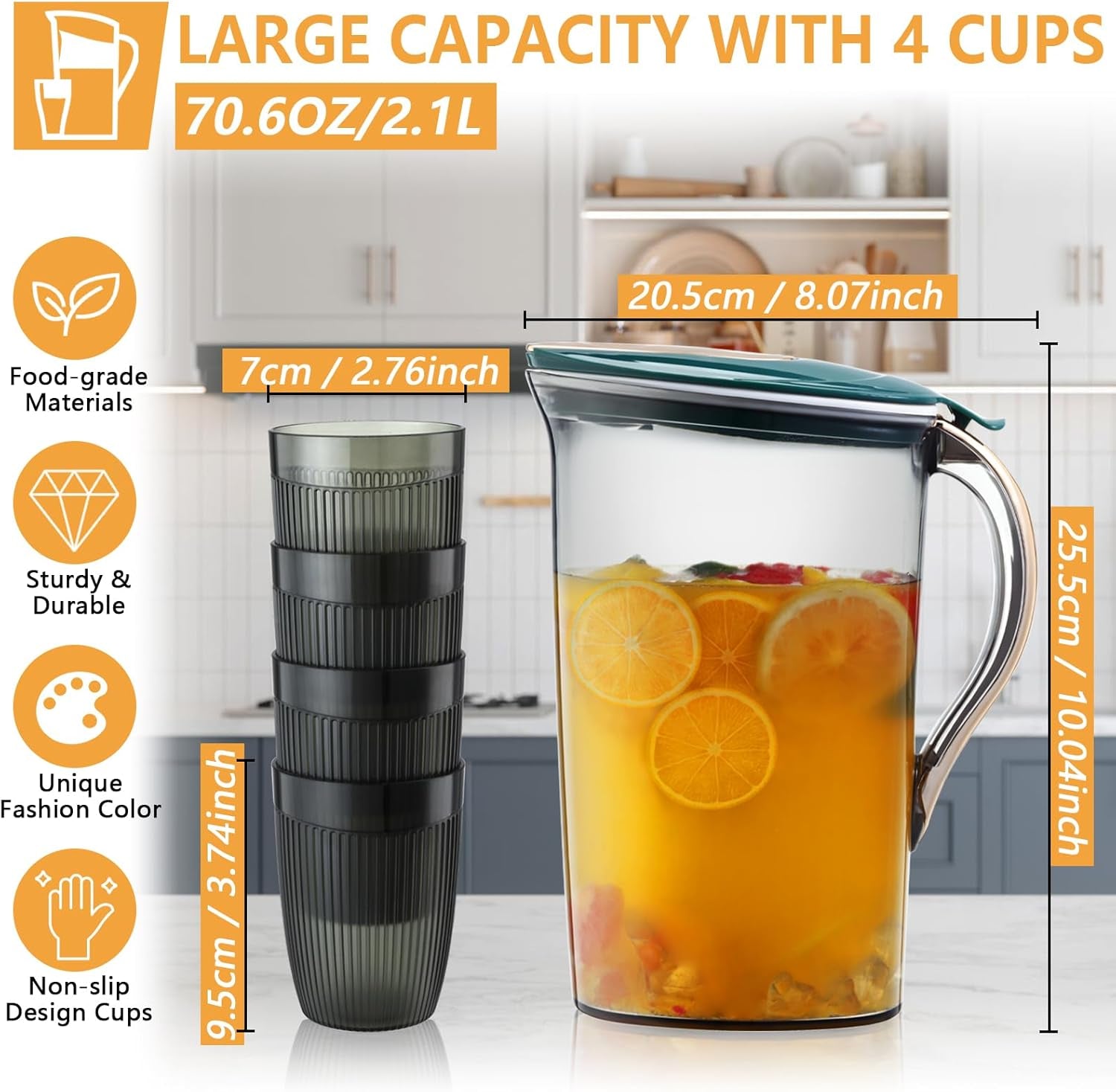 2.1 Liter/70.6 Oz Plastic Water Pitcher with Lid - Iced Tea Pitcher for Fridge and 4 Cups, BPA Free, Shatterproof, Great for Iced Tea, Lemonade, Juice, Green