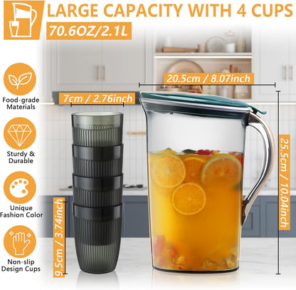2.1 Liter/70.6 Oz Plastic Water Pitcher with Lid - Iced Tea Pitcher for Fridge and 4 Cups, BPA Free, Shatterproof, Great for Iced Tea, Lemonade, Juice, Green