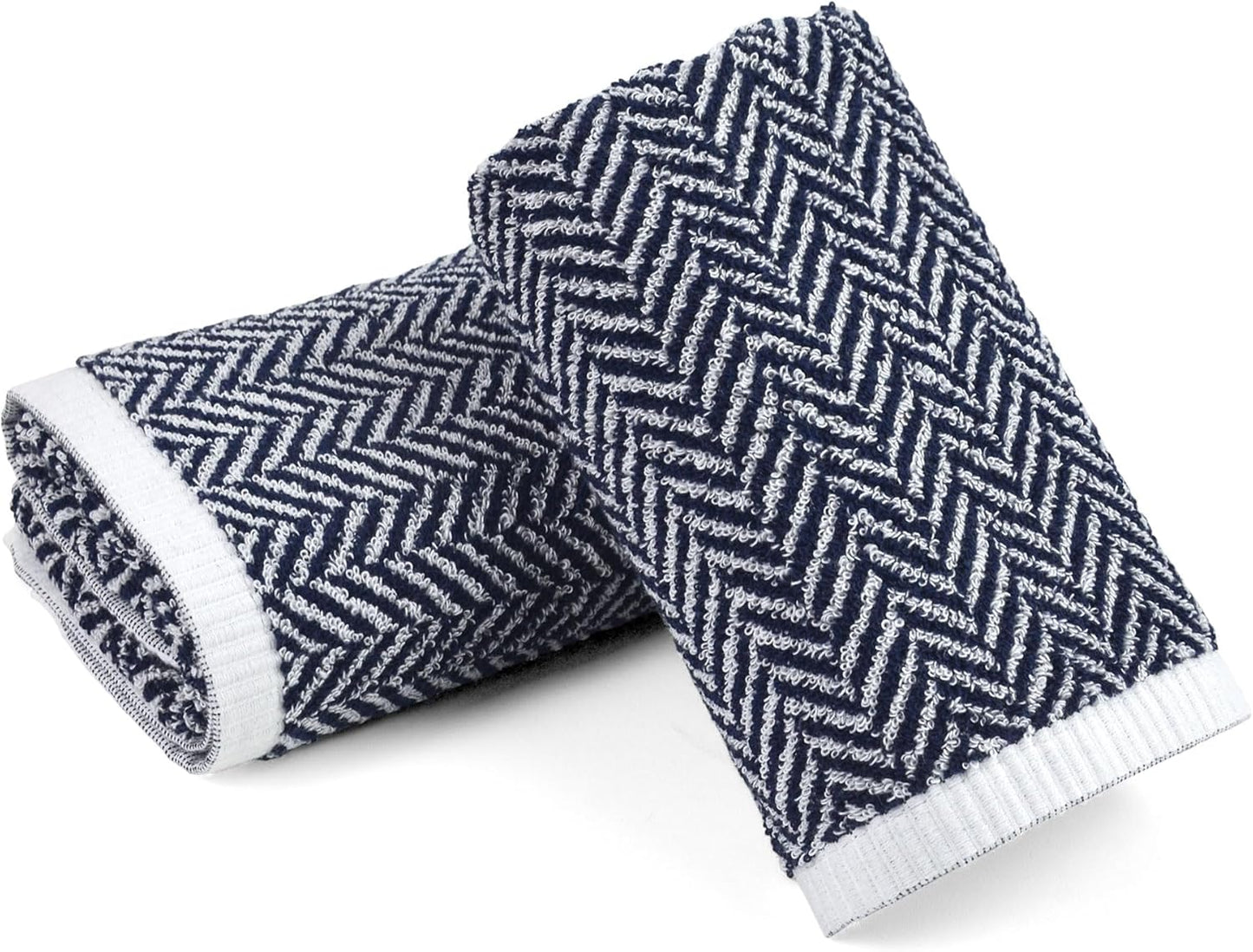 Hand Towels for Bathroom with Decorative Herringbone Stripes, 100% Cotton, 13 X 28 Inches, Navy-Blue and White, 2 Pack