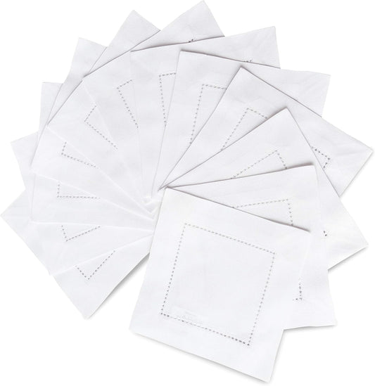 White Cocktail Napkins 6 X 6 Inch – Cotton Linen Set of 12 Hemstitch Cloth Cocktail Napkins