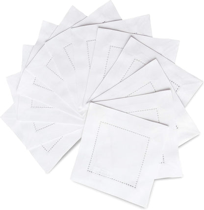 White Cocktail Napkins 6 X 6 Inch – Cotton Linen Set of 12 Hemstitch Cloth Cocktail Napkins