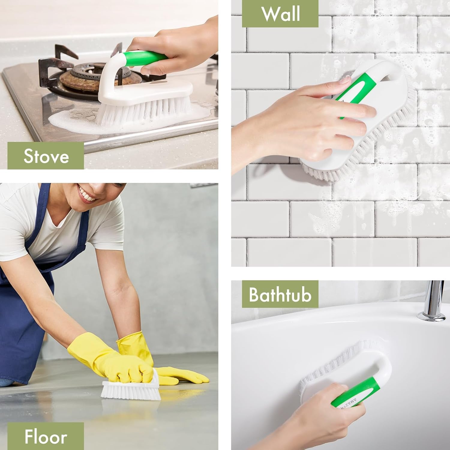 Scrub Brush for Cleaning Comfort Grip Shower Scrubber Stiff Bristles with Handle Heavy Duty Cleaner Brush for Tub Sink Carpet Floor - Pack of 2 (Green+Green)