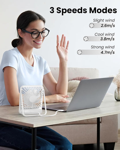 USB Desk Fan, Strong Wind Ultra Quiet Small Personal Fan with 180° Tilt Folding and 3 Speeds Adjustable, USB-C Corded Powered Mini USB Fan for Office Desktop Bedroom White, NO BATTERY