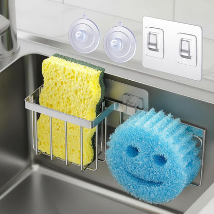 [Slim & Space-Saving] Sponge Holder for Kitchen Sink, Sponge Caddy for Scrub Daddy / Scrub Mommy Smiley Face, Sink Organizer Accessories for Dish Brush, Scrubber -With 2 Suction Cups & 1 Adhesive Hook