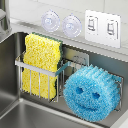 [Slim & Space-Saving] Sponge Holder for Kitchen Sink, Sponge Caddy for Scrub Daddy / Scrub Mommy Smiley Face, Sink Organizer Accessories for Dish Brush, Scrubber -With 2 Suction Cups & 1 Adhesive Hook