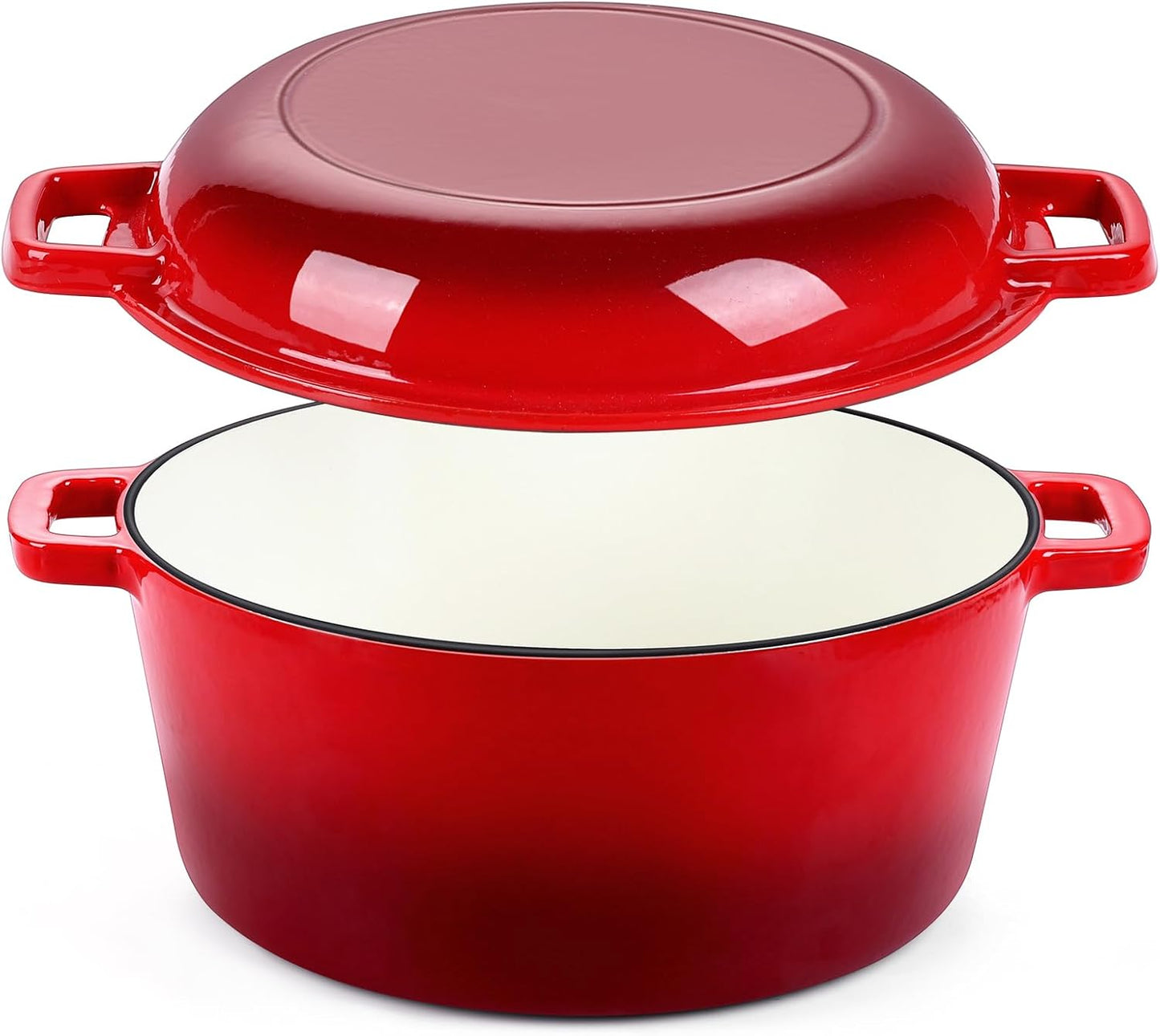 5Qt Dutch Oven Pot for Bread Baking (Red), 2 in 1 round Cast Iron Dutch Oven with Lid Set, Skillet & Pot for Roasting Braising Stewing Frying Simmering, Multi Stoves & Oven Safe