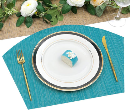 Large Size Wedge Placemats with Centerpiece Set of 5, PVC Woven Vinyl Place Mats for round Table Washable Indoor Outdoor Table Placemats, Blue