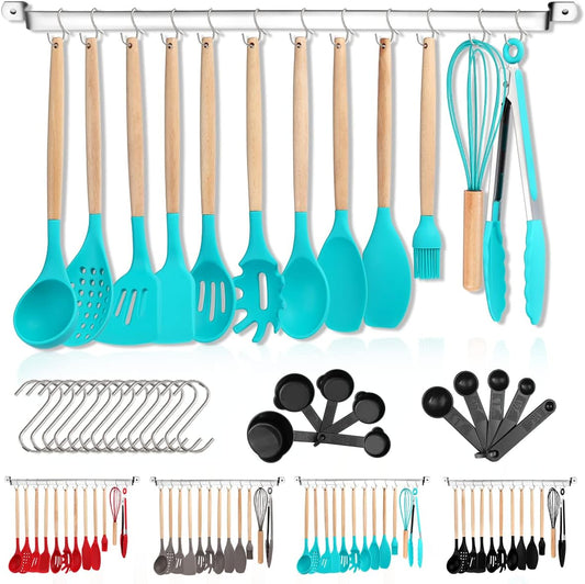 38-Piece Silicone Kitchen Utensils Set with Non-Stick Cookware, Wooden Handles, Multi-Use Hooks, and Utensil Racks (Blue)