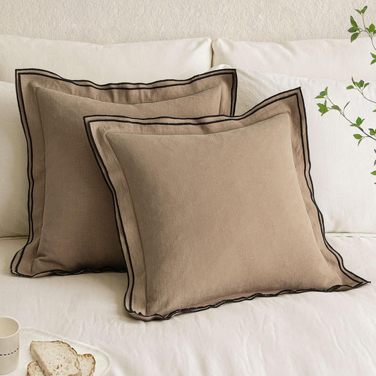 Linen Throw Pillow Covers, 2 Piece 18X18 Inch Khaki, Boho Euro Pillowcases for Bed to Infuse Elegance, Ideal for Sofa Couch Cushion in Home Decor Upgrade