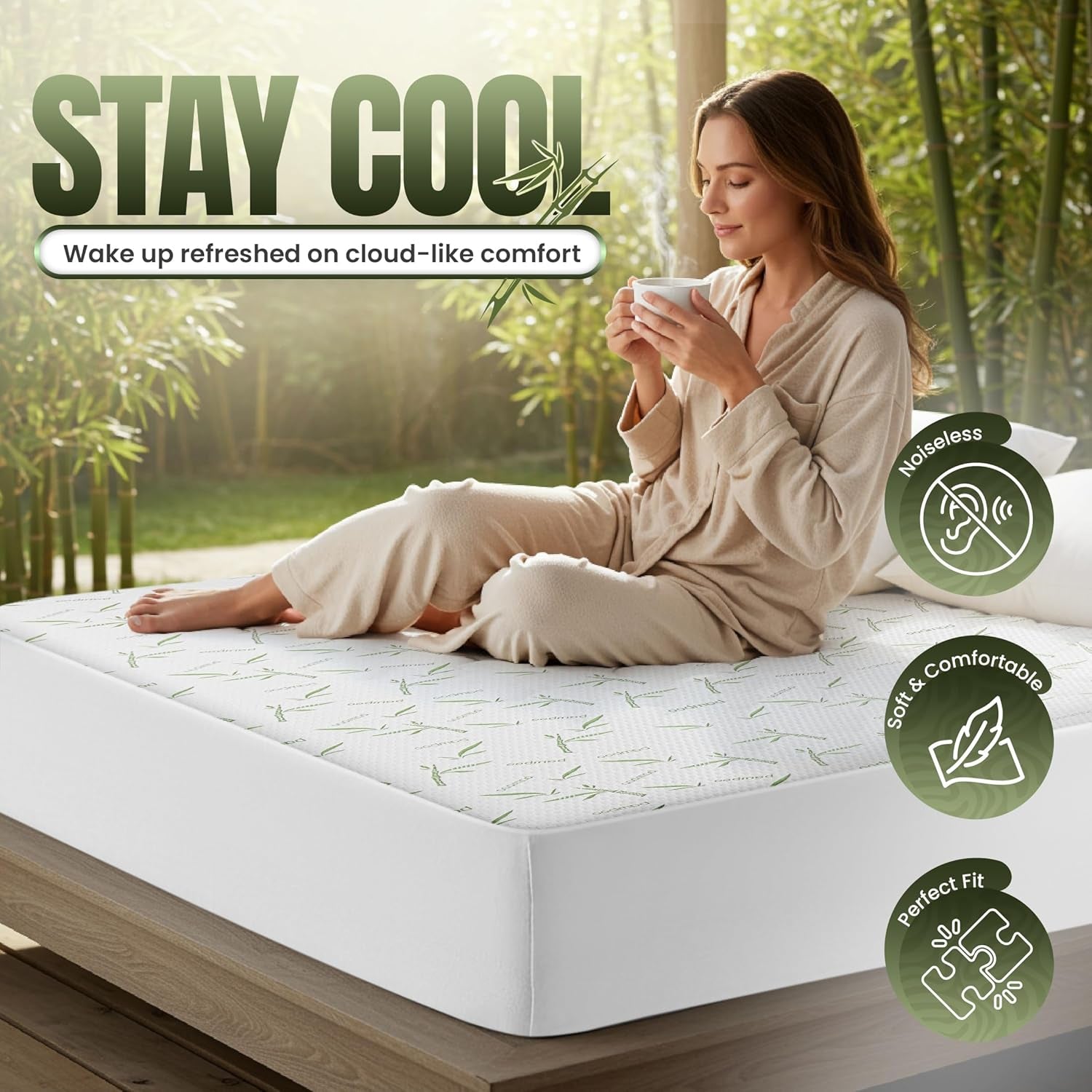 Waterproof Cooling Mattress Protector Queen Size, 200 GSM Viscose Made from Bamboo Mattress Cover, Fits 17 Inches Deep, Fitted Style with Stretchable Pockets