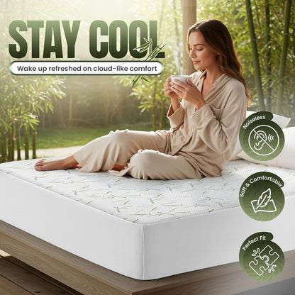Waterproof Cooling Mattress Protector Queen Size, 200 GSM Viscose Made from Bamboo Mattress Cover, Fits 17 Inches Deep, Fitted Style with Stretchable Pockets
