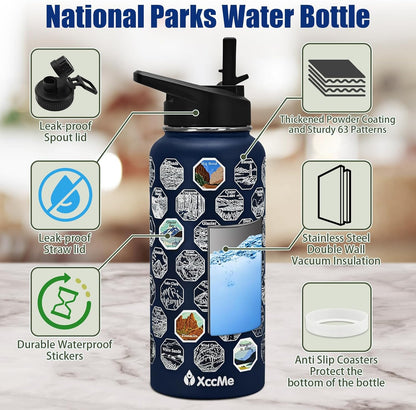 National Parks Water Bottle with Stickers,32 Oz Stainless Steel Insulated Water Bottle with Straw,2 Lids,Leak Proof Metal Water Cup for Hiking,Travel,Sports,Camping,Wide Mouth Bottle