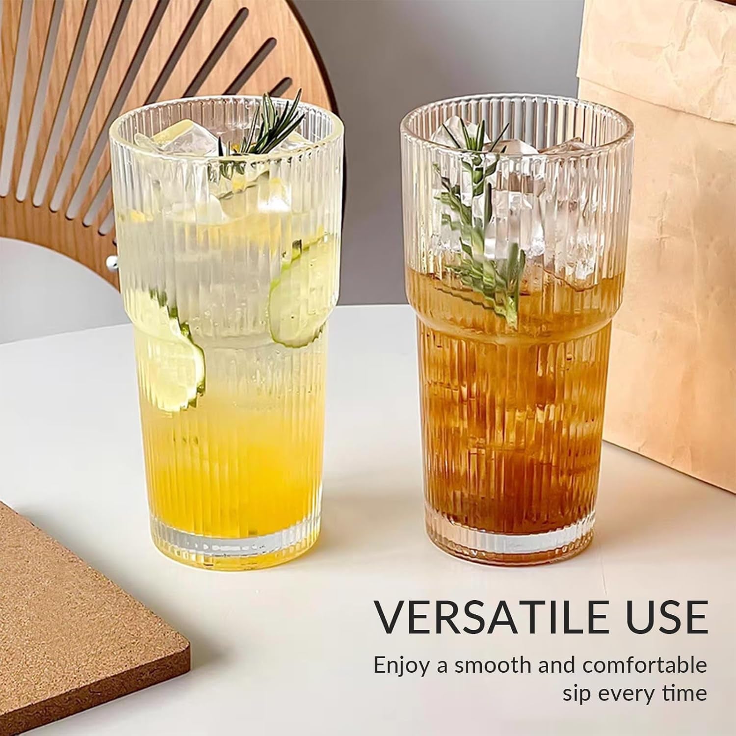 2 Pack 20Oz Glass Cups with Lids and Straws, Vintage Ribbed Glassware for Whiskey Cocktail Beer, Mason Jar Drinking Glasses Tumbler Iced Coffee Cup
