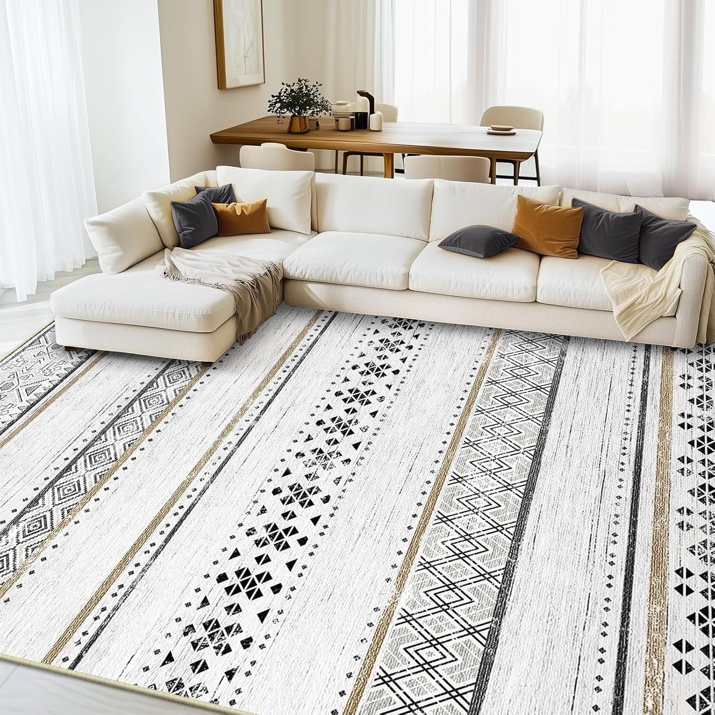 8X10 Area Rugs for Living Room Washable Moroccan Farmhouse Neutral Geometric Low Pile Non-Slip Soft Print Pattern Rug for Bedroom Kitchen Dining Room Entryway Black/Brown