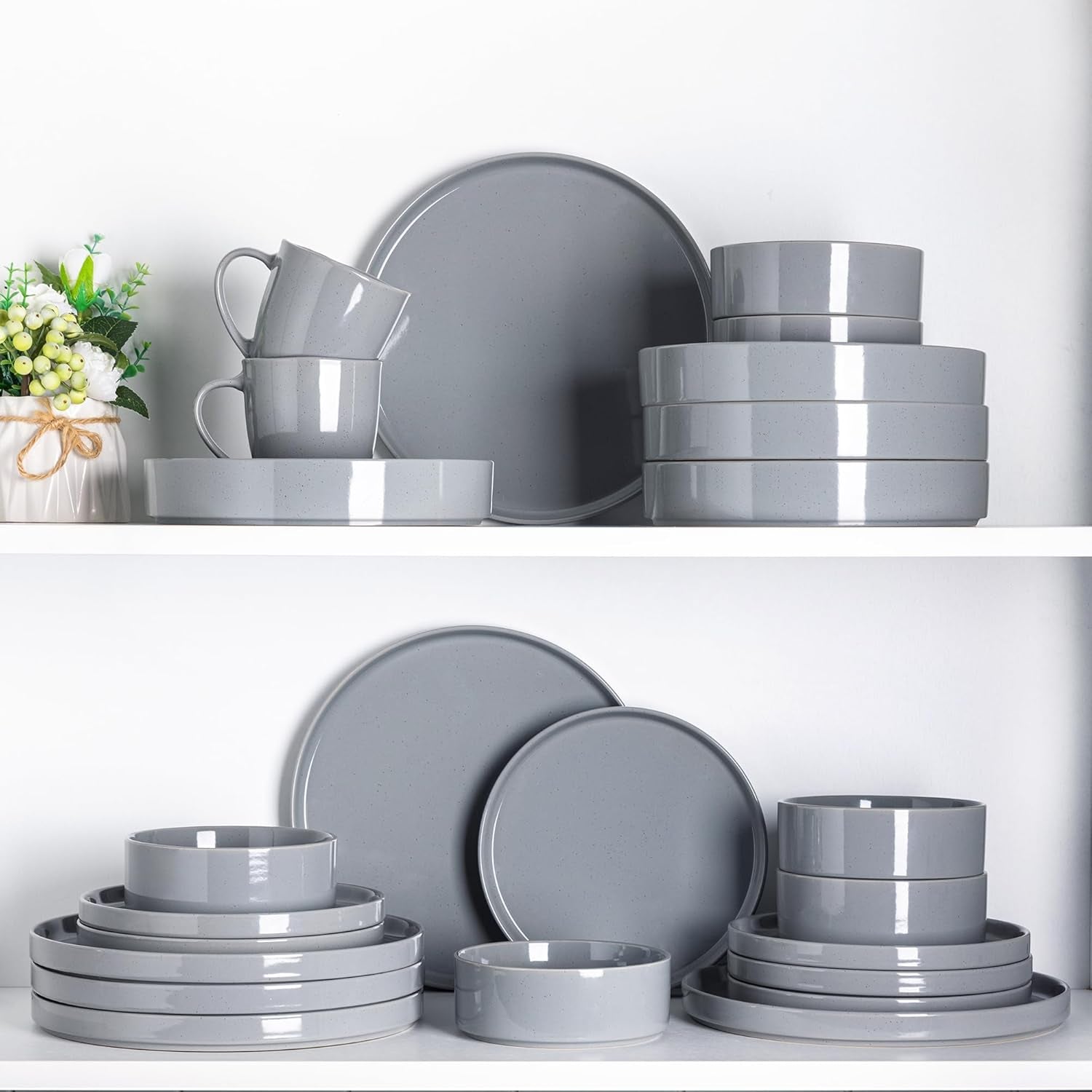 12-Piece Speckled Dinnerware Set for 4, Chip and Scratch Resistant Stoneware Plates and Bowls with Glazed Bottom, Dishwasher and Microwave Safe (Limestone)