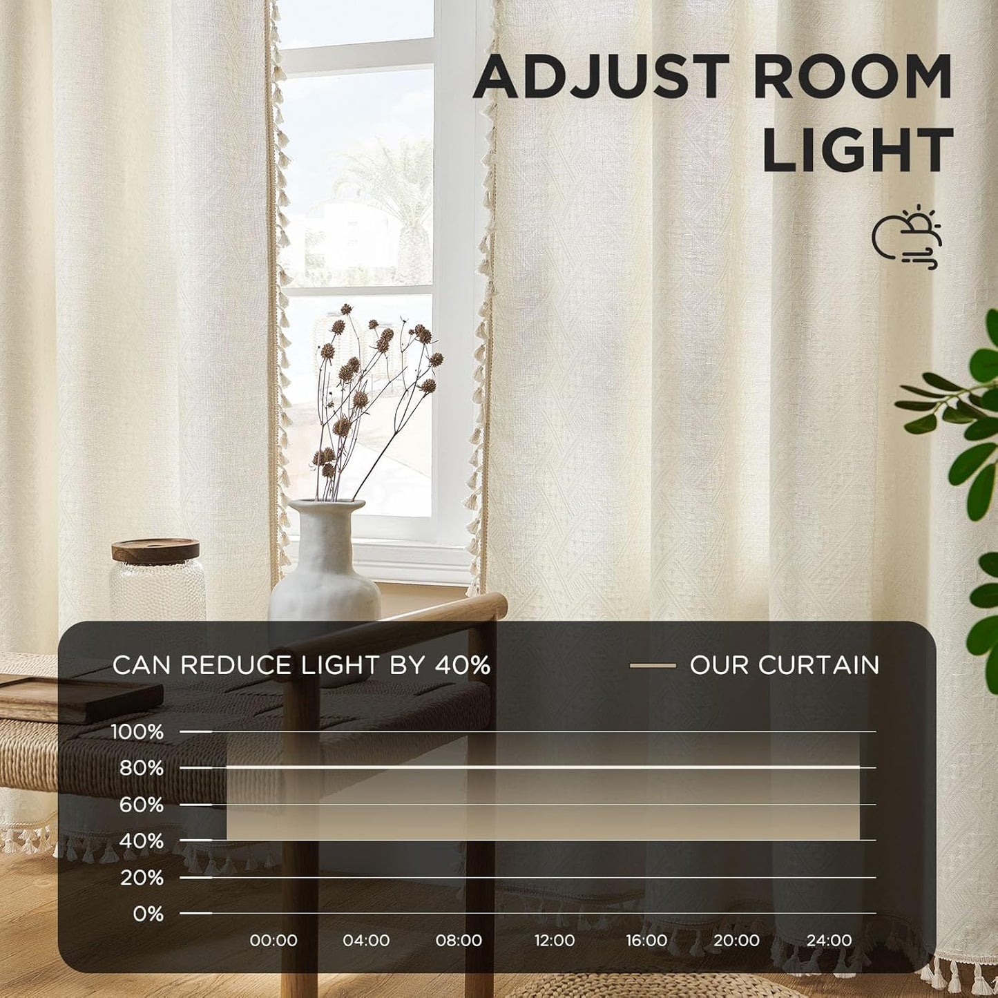 Beige Bohemian Curtains, 84-Inch Length, Set of 2 Panels, Soft Semi-Sheer Light Filtering Drapes with Tassels for Bedroom and Living Room (Rod Pocket, 52"W x 84"L)