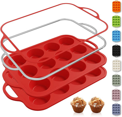 2 Packs 12 Cups Silicone Muffin Pan for Baking with Metal Reinforced Frame Regular Size Cupcake Pan Tray Egg Bites Silicone Cookie Molds Muffin Tin Tart Pans Sheet Set for Oven Dishwasher Safe
