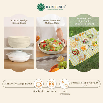 Large 65 Oz Wheat Straw Salad Bowls - Set of 6, 10 Inch Wide and Shallow Serving Bowls, Dishwasher Safe, Beige