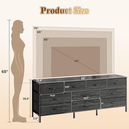 63-Inch Charcoal Black Wood Grain Dresser with 10 Fabric Drawers - Versatile Storage Solution for Bedroom and Living Room, Accommodates 55 to 70 Inch TVs