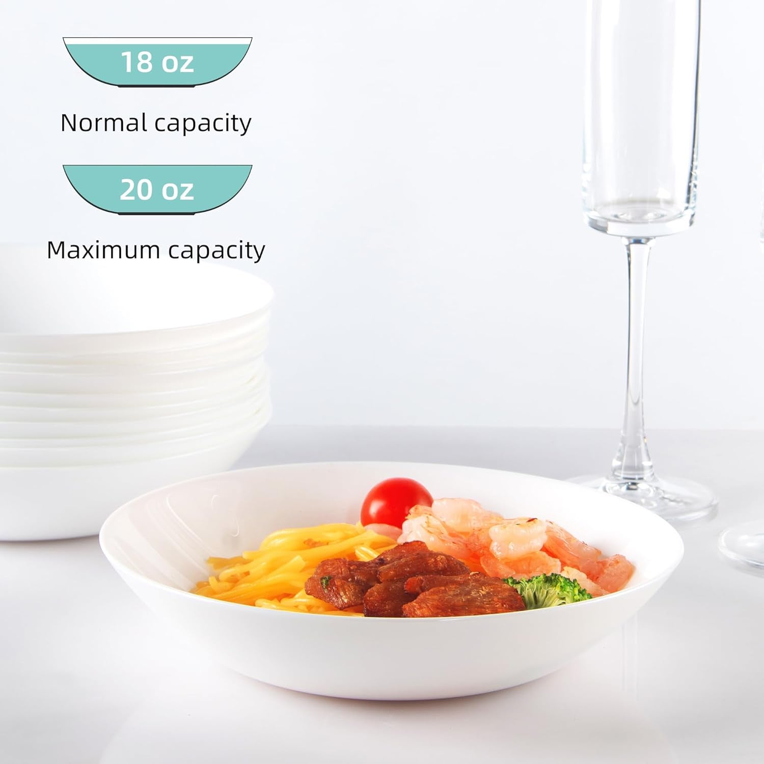 Set of 4 Tempered Glass Pasta and Salad Bowls, 7.8-Inch Round Serving Bowls, Microwave and Dishwasher Safe