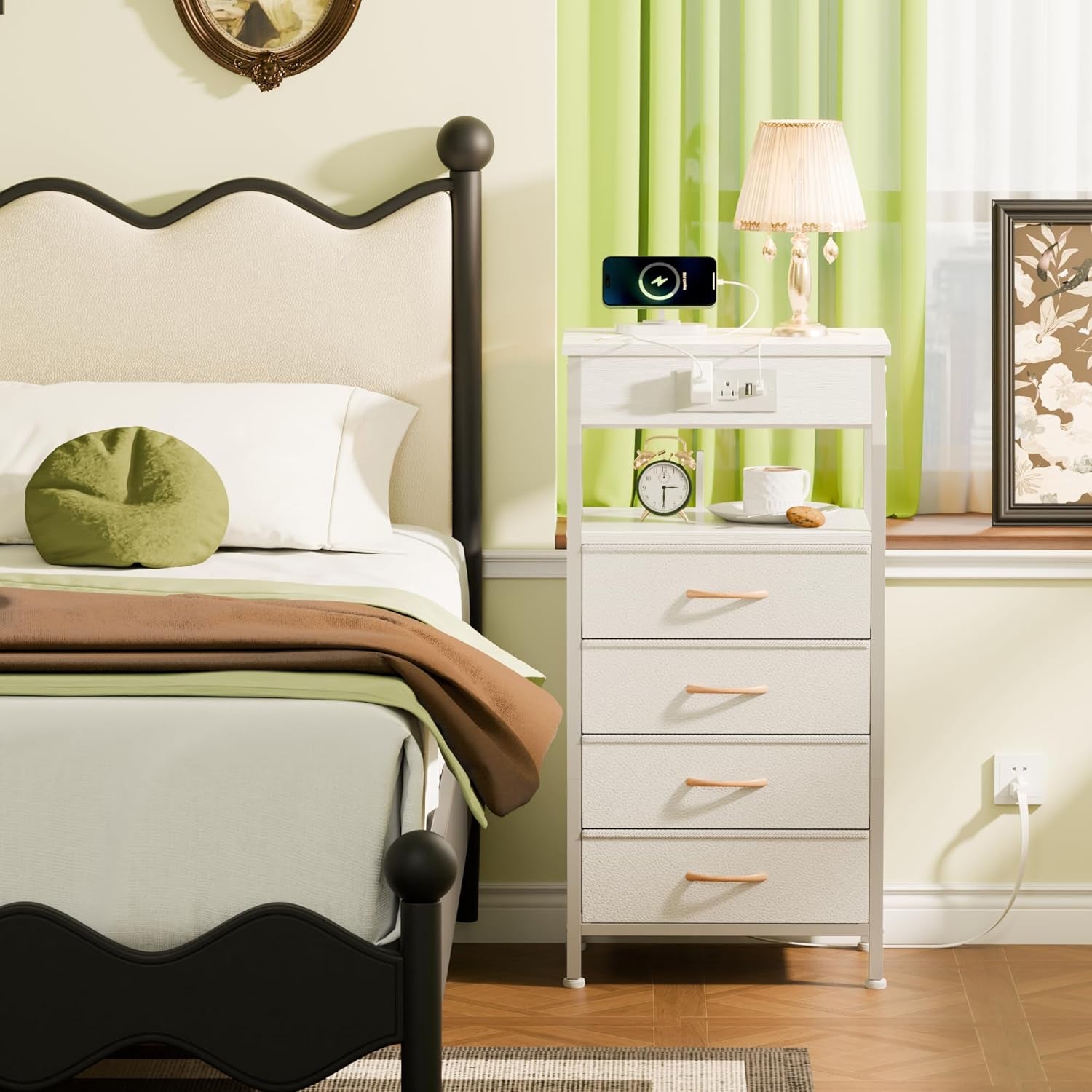 Elegant Nightstand with Integrated Charging Station, Versatile Dresser Featuring PVC and Fabric Drawers, 33.3-Inch Side Table with Open Shelf, Ideal for Bedroom, Closet, and Entryway Use, White Finish