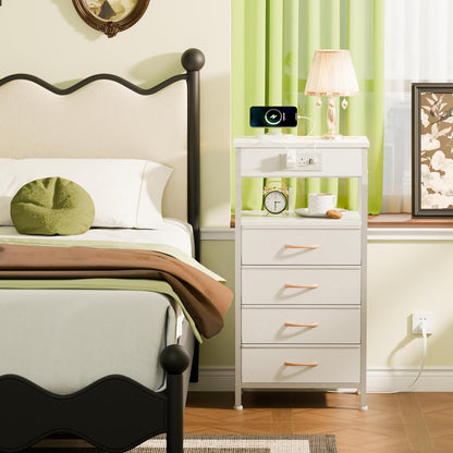Elegant Nightstand with Integrated Charging Station, Versatile Dresser Featuring PVC and Fabric Drawers, 33.3-Inch Side Table with Open Shelf, Ideal for Bedroom, Closet, and Entryway Use, White Finish