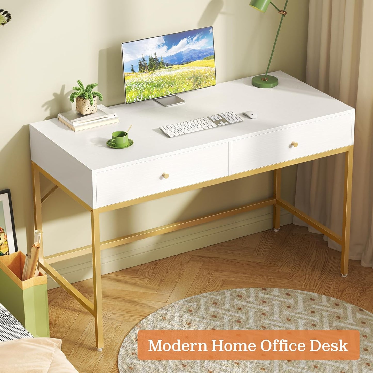 Modern 47-Inch Vanity Desk with Drawers - White and Gold Makeup Dressing Table and Home Office Desk