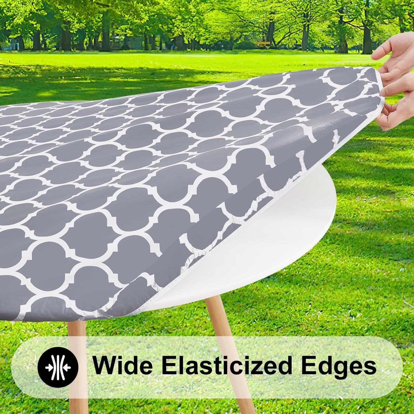 round Picnic Tablecloth, Waterproof Elastic Fitted Table Covers for 36" - 44" Tables, Wipeable Flannel Backed Vinyl Tablecloths for Camping, Indoor, Outdoor, Grey & White