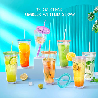 32Oz Acrylic Tumblers with Lid and Straws,Double Walled Clear Plastic Straw Cup,Reusable Insulated Cups Perfect for Parties,Birthdays,Weddings -2 Pack