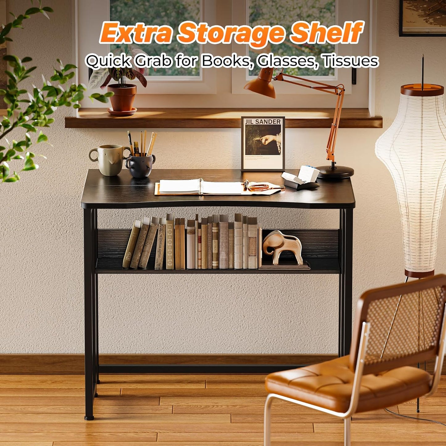 Folding Desk with Storage Shelf - 31.5 Inch Compact Computer Table for Small Spaces, Space-Saving Sofa Table, Ideal for Writing and Office Use, Easy to Fold, Black