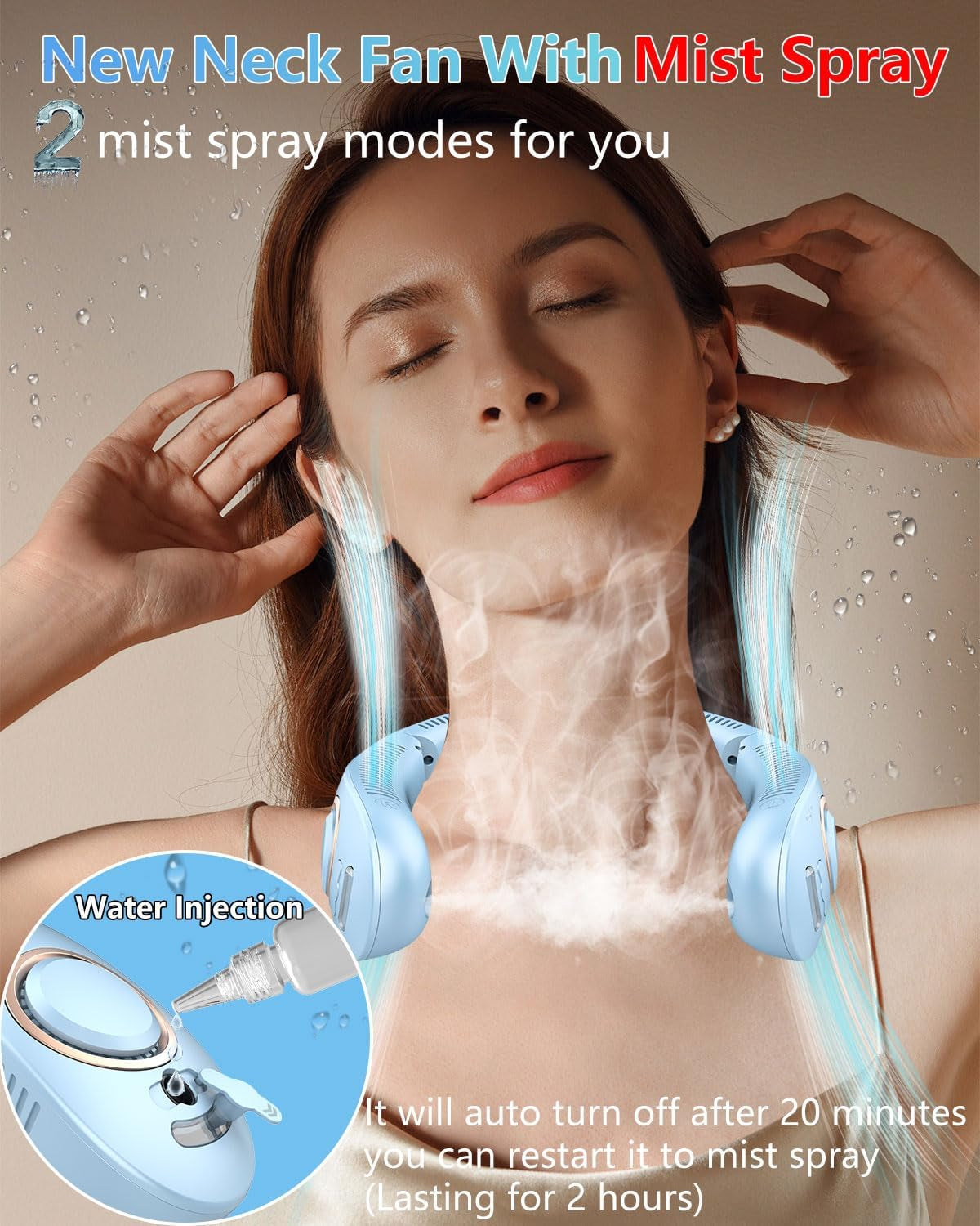 Fan with Water Spray Misting Fan,Neck Fan Rechargeable with LED Display Adjustable Speeds,Foldaway Powerful Soundless Compact Neck Hanging Fans with Water Mist for Travelling outside Blue