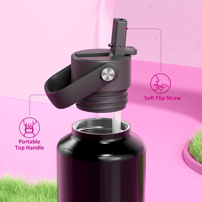 24 Oz Water Bottle with Straw for Travel: Cold for 24 Hrs, Hot for 10 Hrs, Lightweight, Flex Cap, Double Walled Vacuum Insulated Thermos for Traveler, Runner, Adventure, Fitness, Trekking (Neon Night)