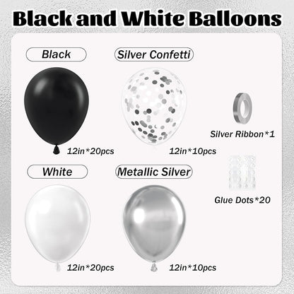 60Pcs Black and Silver Balloons 12Inch, Black and White Balloons with Metallic Silver Confetti Balloons for Baby Shower Wedding Birthday Graduation Party Decorations