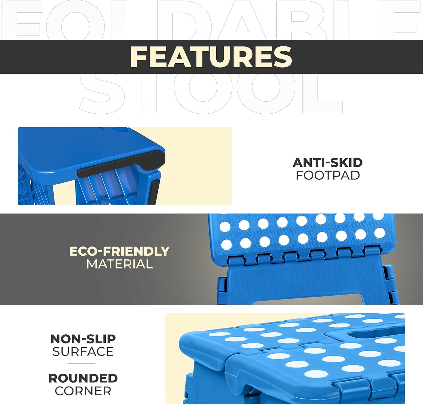 Folding Step Stool - (Pack of 1) Foot Stool with 9 Inch Height - Holds up to 300 Lbs - Lightweight Plastic Foldable Step Stool for Kitchen, Bathroom & Living Room (Blue)