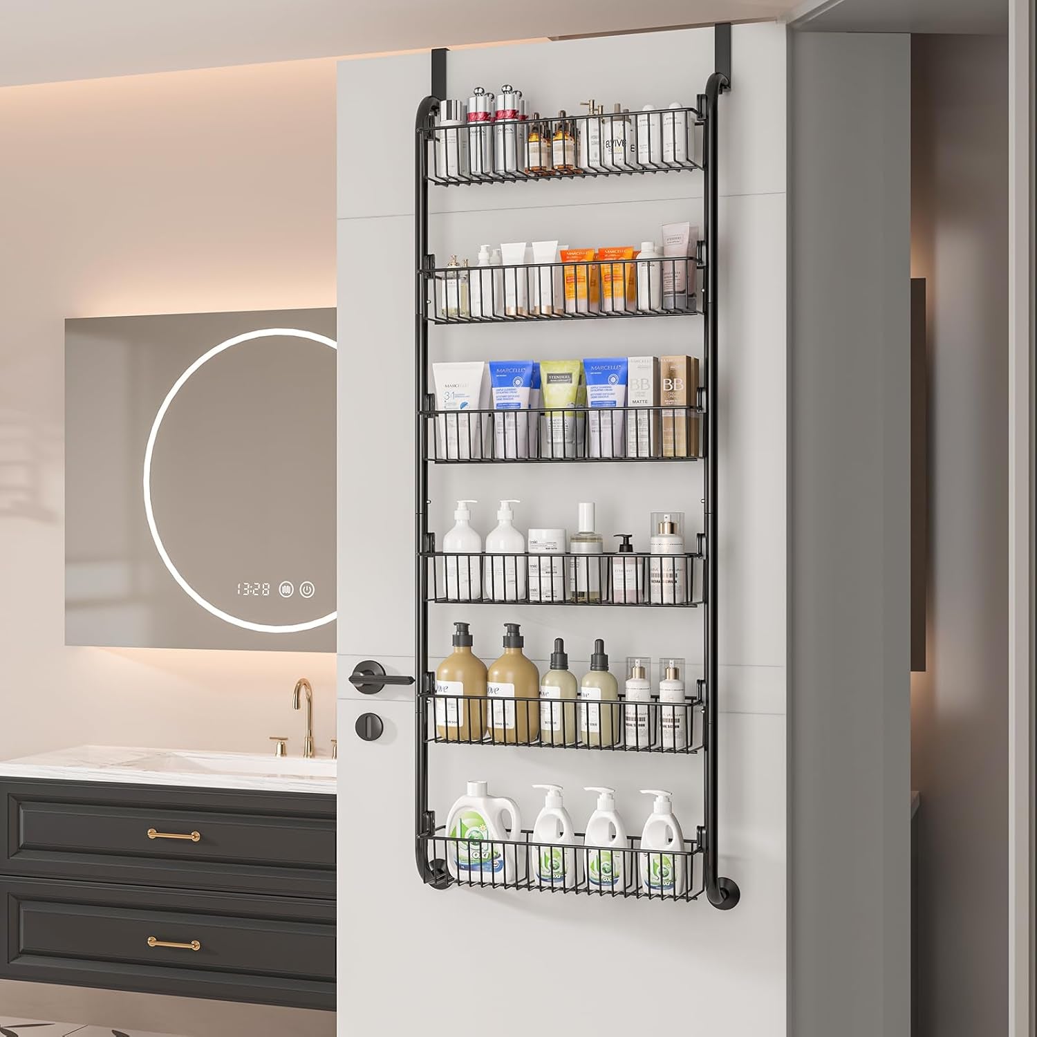 over the Door Pantry Organizers and Storage, 6-Tier Spice Rack, Home & Kitchen Storage Shelves for Cabinet, Large Capacity Hanging Seasoning Organizer, Laundry Room Organization, Black